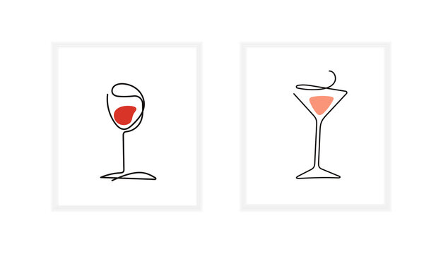 Minimalist line art of cheering glasses of wine with red. vector illustration. Posters with wine