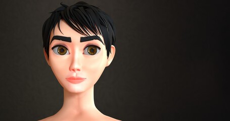 3D rendering. Face of a girl with short black hair isolated on a dark background, front view	
