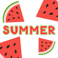 Summer Card Watermelon slice. Summer fruit and berry concept. Vector illustration for web design, gift cards, banner, advertising, promotion.