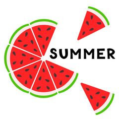 Summer Card Watermelon slice. Summer fruit and berry concept. Vector illustration for web design, gift cards, banner, advertising, promotion.