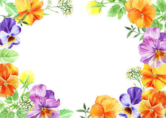 Watercolor rectangular frame of colorful pansies. Viola flowers. Beautiful floral illustration for banner, invitation, greeting card, anniversary