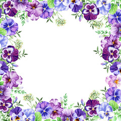 Fototapeta na wymiar Watercolor square frame of colorful pansies. Viola flowers. Beautiful floral illustration for banner, invitation, greeting card, anniversary