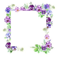 Watercolor square frame of colorful pansies. Viola flowers. Beautiful floral illustration for banner, invitation, greeting card, anniversary
