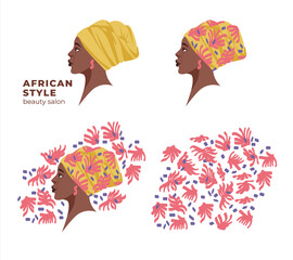 dark-skinned african american in a handkerchief with a print. Portrait, logo for beauty salons. Traditional african ethnic style