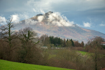 Rural landscape with sheep in Urdax Batzan valley Navarre Spain