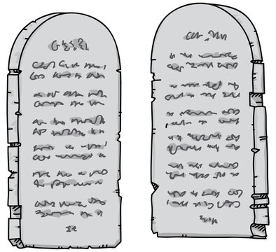 Two cartoon stone religious tablets inscribed with text containing ancient wisdom.