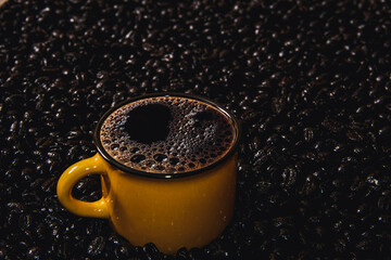 Yellow coffee cup filled with coffee beans on coffee bean surface. Copy space. Selective focus.