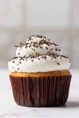 Close-up of a poppy-seed cupcake decorated with chocolate sprinkles on a top of cream cheese, against a background of light tiles and marble