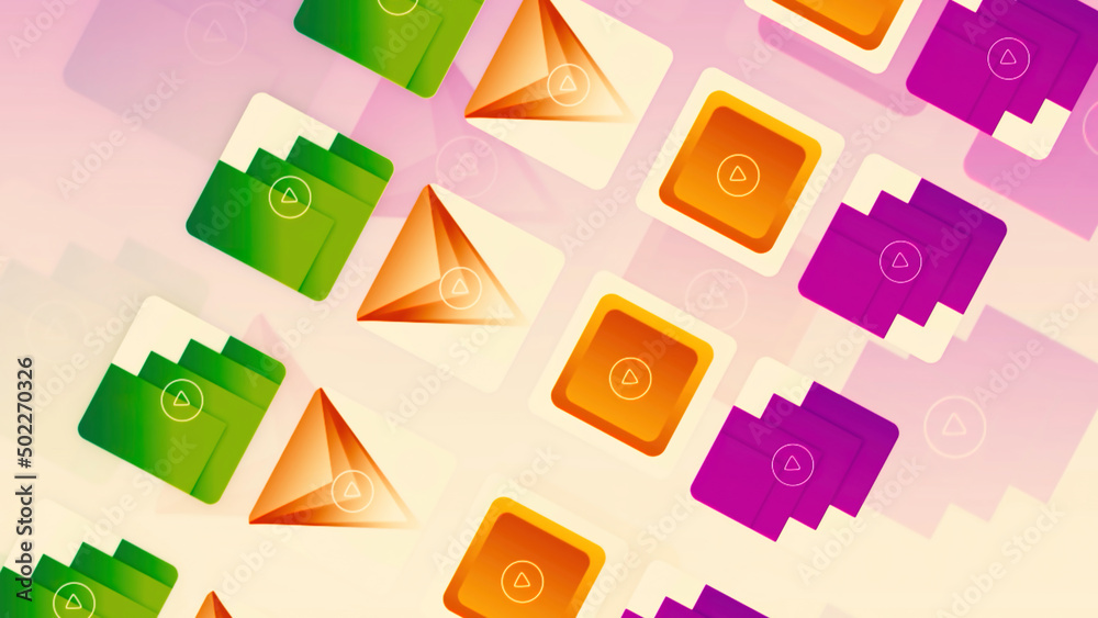 Poster visualization of colorful computer or smartphone icons on colorful gradient background. motion. diff