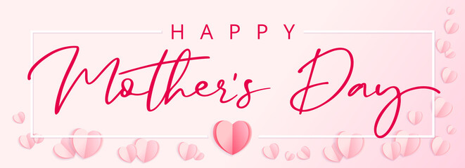 Happy Mothers Day pink calligraphy. Mother day greeting card with origami paper hearts. Vector illustration