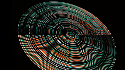 Futuristic neon disk. Animation. Digital disk with circular radius with neon lines on black background. Futuristic loading circle with colored lines