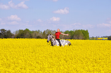 Woman on horse in yellow rape field