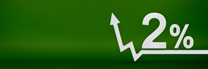2 percent. The arrow on the graph points up. Rising prices, inflation, increase in income, increase in interest rates, taxes. 3d banner, two percent sign discount on a green background.