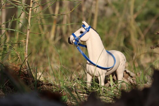 Schleich Modellpferd Hannoveraner mit Trense in der Natur.