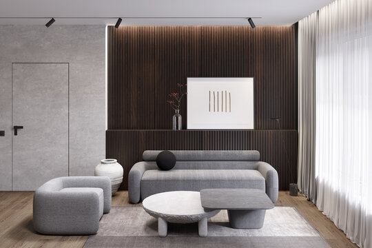 Modern living room with a branch in a bottle near a horizontal poster on a dark wood panel, coffee tables with a sofa and an armchair near a curtained window, and a gray built-in door. 3d render