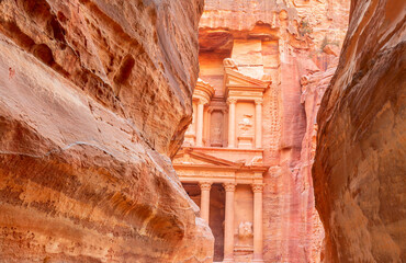 The Siq canyon in Petra. The Treasury: ancient city of Petra in Jordan