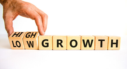 High or low growth symbol. Businessman turns wooden cubes and changes words Low growth to High growth. Beautiful white table white background, copy space. Business high or low growth concept.