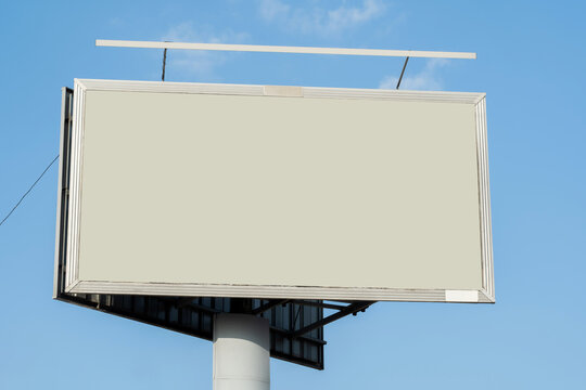 One Single Simple Empty Blank City Street Billboard Advertisement, Copy Space, Placeholder, Blue Sky Background, Nobody, No People. Marketing, Outdoors Advertising Empty Template, Cut Out