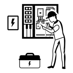 Safety switch problems vector icon design, Electrician Profession symbol, Power Supply and wiring Sign, handyman and Repairman tools stock, Person Working on Circuit breaker in switch box Concept,