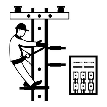 Lineman Climb On Cement Electric Pole wearing Helmet Concept vector icon design, Electrician Profession symbol, Power Supply and wiring Sign, handyman and Repairman tools stock illustration