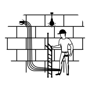 working on stairwell in corridor vector icon design, Electrician Profession symbol, Power Supply and wiring Sign, handyman and Repairman tool stock, man fixing transmission line in basement Concept,