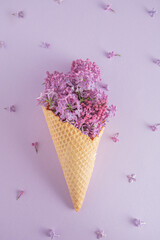 Beautiful colorful delicate lilac flowers. Spring, summer arrangement concept with ice cream cone on a pastel violet color background.