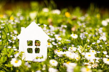 Obraz na płótnie Canvas paper house on a field with flowers