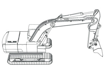 Outline drawing of excavator on white background. Diesel digger blueprint. Hydraulic machinery image. Industrial document. Vector isolated illustration