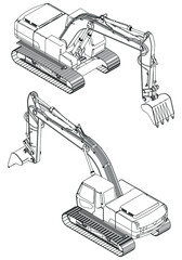 Outline drawing of excavator on white background. Diesel digger blueprint. Hydraulic machinery image. Industrial document. Vector isolated illustration
