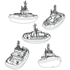 Set of tugboat illustration isolated on white background. Boat icon. Design elements for logo, label, emblem, sign, brand mark. Vector illustration. - obrazy, fototapety, plakaty