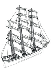 Sailing ship illustration isolated on white background. ship icon. Design elements for logo, label, emblem, sign, brand mark. Vector illustration.