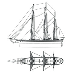 Sailing ship illustration isolated on white background. ship icon. Design elements for logo, label, emblem, sign, brand mark. Vector illustration.