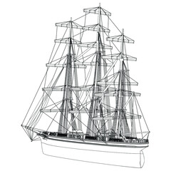 Old Ship vintage silhouette. Pirate boat, Sail Ship illustration in trendy vintage hipster style. Nautical, Marine logo template. Vector illustration