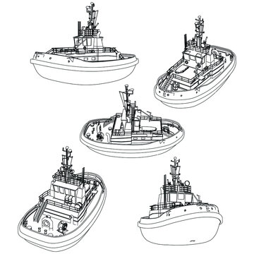 Set of tugboat illustration isolated on white background. Boat icon. Design elements for logo, label, emblem, sign, brand mark. Vector illustration.