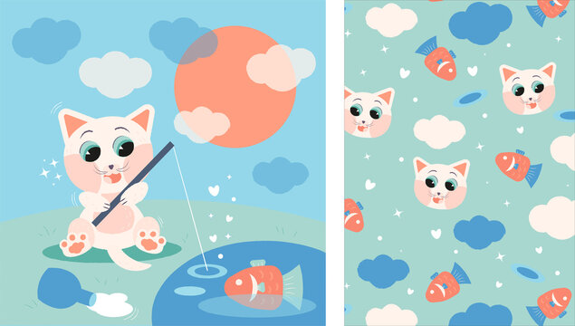 A set of vector images. An image of a small white kitten fishing in a pond and a seamless pattern with a kitten and a fish. Vector illustration.