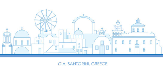 Outline Skyline panorama of village of Oia, Santorini, Cyclades Islands, Greece - vector illustration