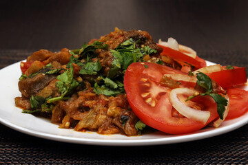 Salad of stewed vegetables with fresh herbs, or eggplant caviar. Close-up