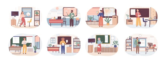 Lecturers teaching in class. Set of school teachers standing