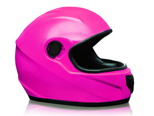 Fuchsia car helmet with a faint reflection from below on a white background. Close-up
