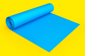 Blue yoga mat or lightweight foam camping bed roll pad isolated on yellow.