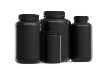 Set of black plastic jar for sport nutrition protein powder isolated on white