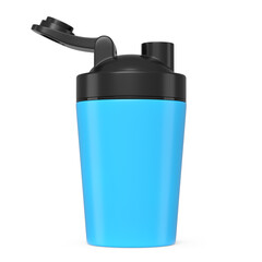 Blue plastic sport shaker for protein drink isolated on white background.