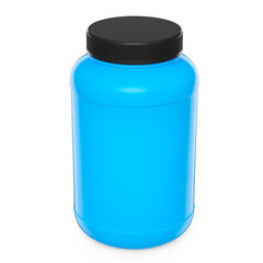 Blue plastic jar for sport nutrition whey protein powder isolated on white