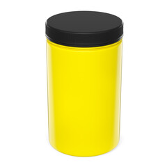 Yellow plastic jar for sport nutrition whey protein powder isolated on white