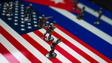 The concept of the economic and political crisis between the United States and Cuba, toy soldiers...