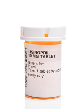 IRVINE, CALIFORNIA - 2 MAY 2022: A prescription bottle of Lisinopril Tablets for high blood pressure, generic for Prinivil.