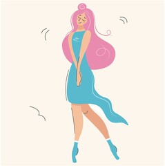 Cute pensive girl with pink hair. Beautiful modest woman showing gestures vector illustration. Modern fashion character in flat style.