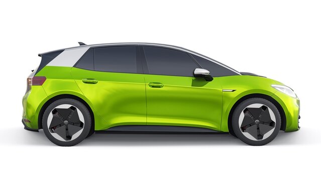 Oslo, Norway. April 17, 2022: Volkswagen ID.3 2020. New generation green electric city hatchback car with extended range. 3d illustration
