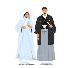 Asian Marriage Ceremony. Traditional Japanese Wedding, Newlywed Male Female Couple Wear National Costumes
