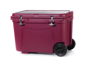 Red cooling box with wheels isolated on white background © showcake